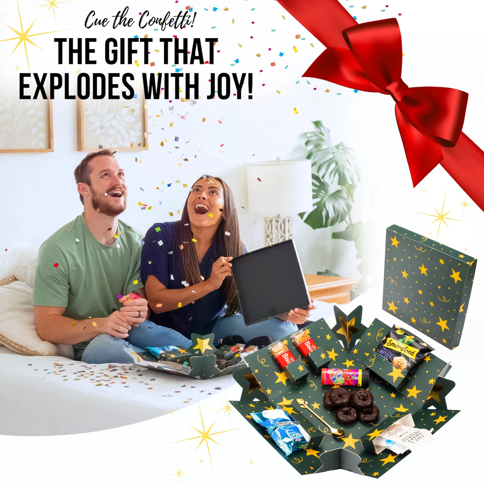 Explosion Gift Box with Treats – Plain Design Surprise Snack Box with Donuts, Cookies & Chips – All-Occasion Gift Box for Him Her or Friends - Image 2