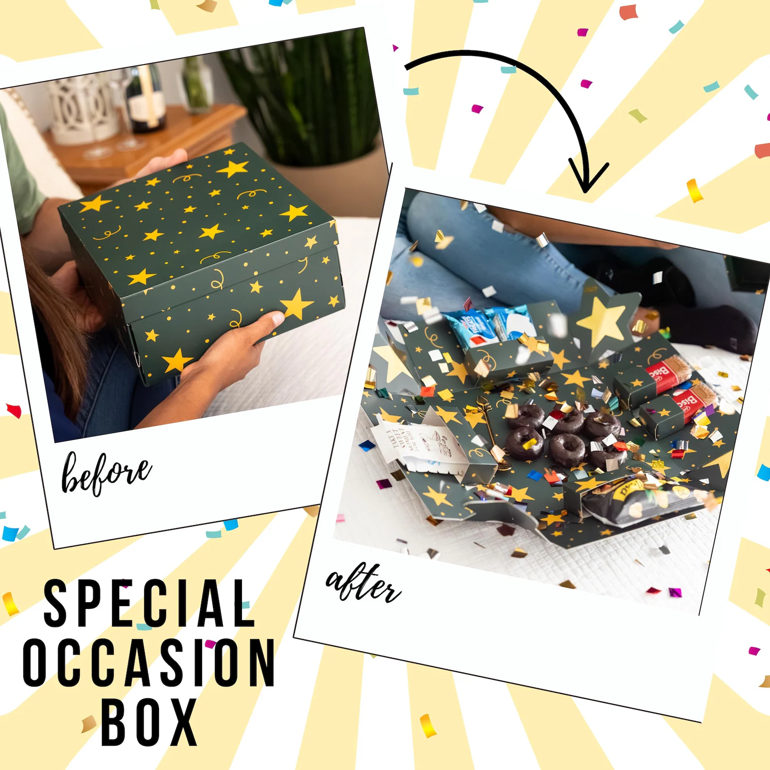 Explosion Gift Box with Treats – Plain Design Surprise Snack Box with Donuts, Cookies & Chips – All-Occasion Gift Box for Him Her or Friends - Image 3