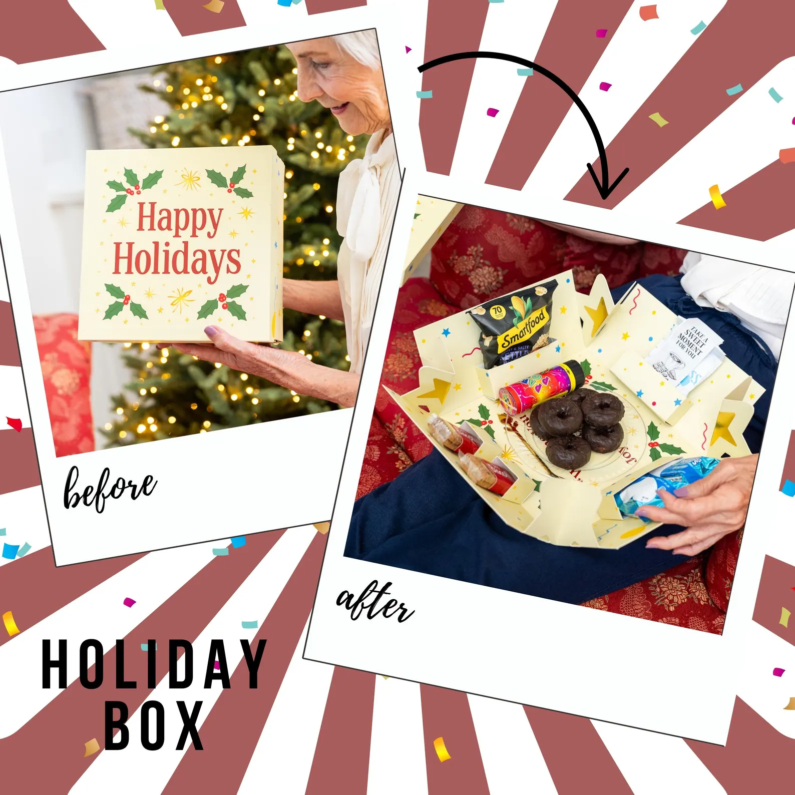 Happy Holidays Explosion Gift Box Christmas Snack Box Surprise | Fun Holiday Gift for Family, Friends, Employees | Unique Festive Gift Idea - Image 5